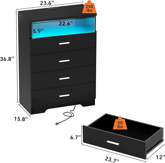 Dresser with Power Outlets and LED Lights Wooden 4 Drawer Dresser with Large