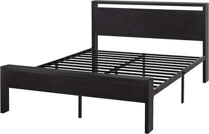 SHA CERLIN 14 Inch Full Size Metal Platform Bed Frame with Wooden Headboard and Footboard, Mattress Foundation, No Box Spring Needed, Large Under Bed Storage, Non-Slip Without Noise, Black Oak