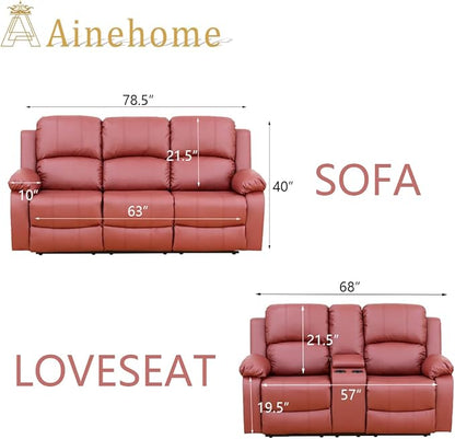 A Ainehome Living Room Furniture Set Leather Recliner Sofa Set Loveseat Chair Furniture Sofa Set for Living Room/Small Space/Rv/House/Office/Theater Seating (A-Red Leather, Sofa+Loveseat)