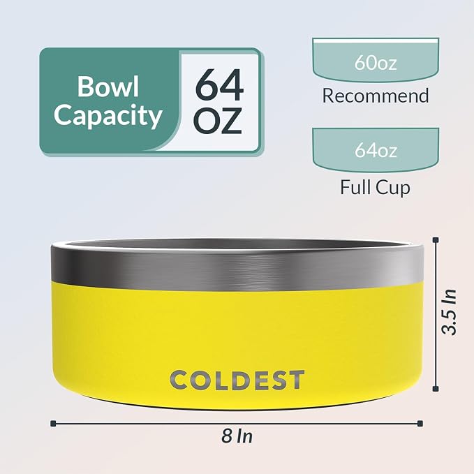 Coldest Dog Bowl - Anti Rust Metal, Non Slip, 3 Layers Insulated Stainless Steel Dog Bowls - Spill Proof & Heavy Duty - Water Bowl for Dogs, Cats & Pets, Dish Washer Safe (64 oz, Solar Yellow)