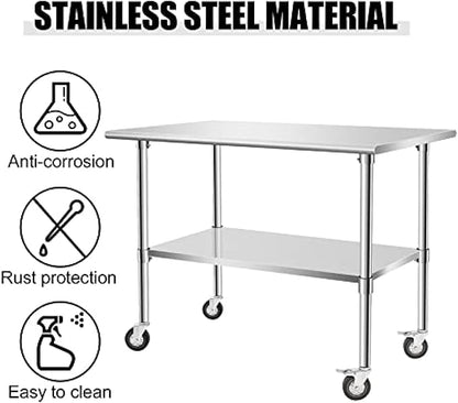 Stainless Steel Table - Metal Table Cart - Commercial Workbench with Caster Wheel - NSF Certified - for Restaurant, Warehouse, Home, Kitchen, Garage,48''x30''
