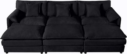 109.45" Oversized Extra Deep Seat Modern Chenille Cloud Couch, Large 3 Seater Modular Sofa for Living Room,Convertible Sofa Bed,Bedroom Apartment Office(Black, 109.45 Inch+3Ottoman)
