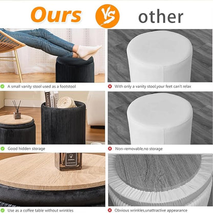Round Set of 2 Ottoman with Storage-Upholstered Velvet Vanity Stool for MakeupMultifunctional Ottomans Coffee Table Padded Seat Foot Rest for Living Room&Bedroom (Black)