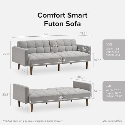 mopio Aaron 76.8" Couch, Small Futon Sofa Bed, Sleeper, Loveseat, Mid Century Modern Futon Couch, Sofa Cama, Couches for Living Room, Bedroom (Light Gray, Fabric)