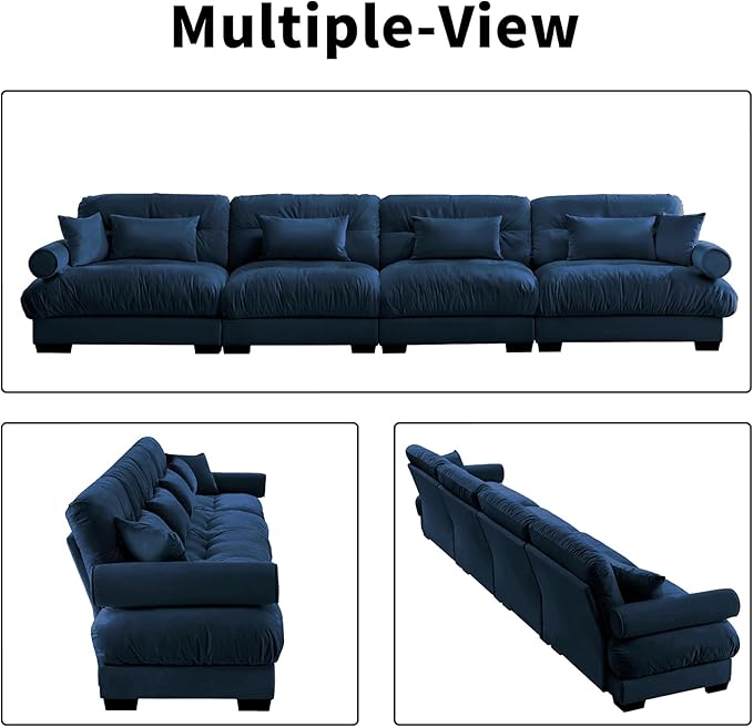 166" Oversized 4 Seater Modular Sectional Sofa, Blue Large Sectional Couch for Living Room, Velvet Cloud Couch with 6 Pillows, Deep Seat Sofa