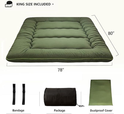 MAXYOYO Japanese Floor Mattress Futon Mattress, Thicken Tatami Mat Shiki Futon Sleeping Pad Foldable Roll Up Mattress Guest Mattress Pad Floor Lounger Bed, Green, King