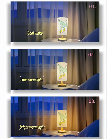 Dinosaur Lamp, Dinosaur Decor Boys Room, 3 Color Night Light Wood Nightstand Desk Base Flaxen Fabric Shade for Bedroom Living Room, Dino Lovers Gifts, LED Bulb Included (Yellow Dinosaur)