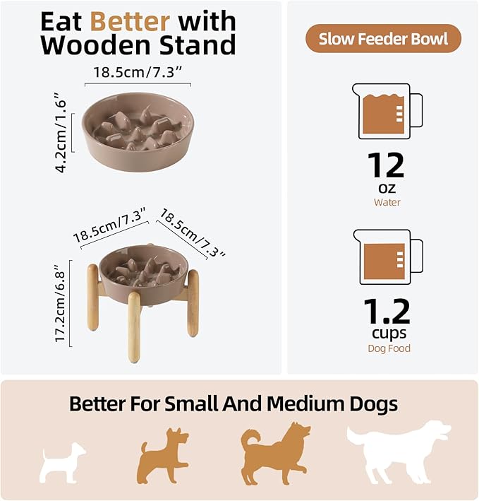 Ceramic 1.2 Cup Dog Raised Slow Feeder Set, Elevated Bowl