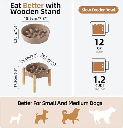 Ceramic 1.2 Cup Dog Raised Slow Feeder Set, Elevated Bowl