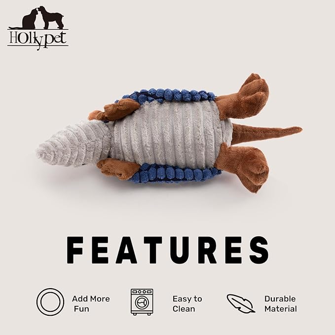 Hollypet Plush Dog Squeaky Toy Stuffed Armadillo Animal Pet Puppy Chew Toys with Clean Teeth for Small Medium Large All Breed Sizes Dogs, Dark Blue, 8 in