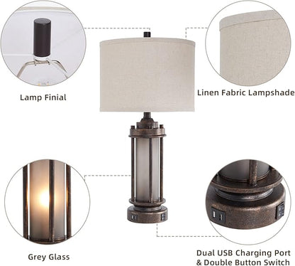 Set of 2 Farmhouse Lamps for Living Room, Rustic Vintage Bedroom Nightstand Table Lamp with 2 USB Charging Ports, Built-In Frosted Glass Night Light for End Table Entryway, 4 Bulbs Included (Bronze)