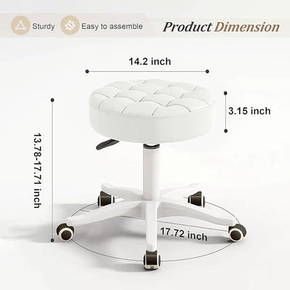JPBSTO Small Rolling Stool with Wheels, PU Leather Height Adjustable Vanity Work Task Stool, 360 Swivel, Padded Seat Cushion, for Salon, Home, Office