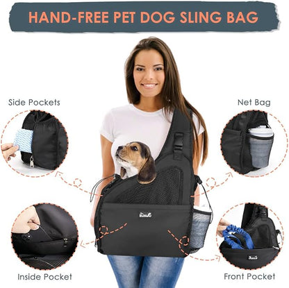 SlowTon Dog Sling Carrier, Hands Free Hard Bottom for Small Dogs up to 11lb | Breathable Mesh Support, Adjustable Padded Strap, with Pocket Safety Belt, Machine Washable, for Small Animal Puppy, Black