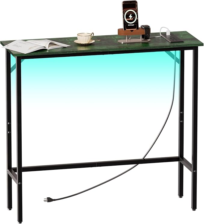 Narrow Console Table with Led Light and Charging Station，29.5" Small Entryway Table，Display Table，Entryway Hallway Thin Sofa Table Behind Sofa, Small Spaces, Living Room, Green and Black