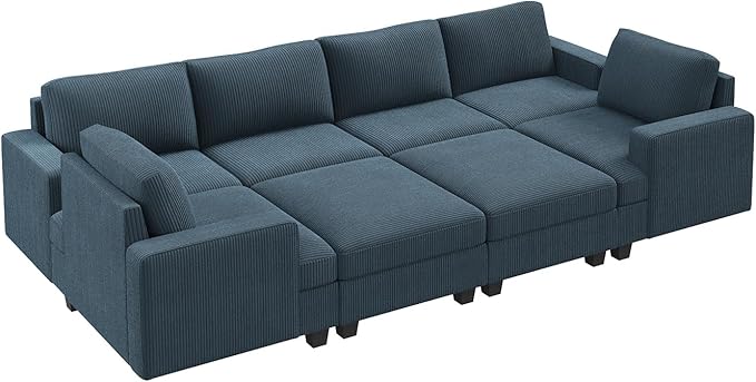 Nolany Sectional Couch with Storage Ottoman, Corduroy Sleeper Sectional Sofa with Chaise, Modular Sectional Couches for Living Room, Blue