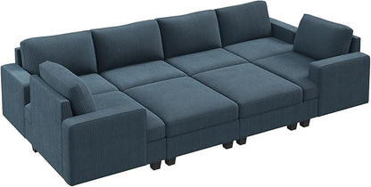 Nolany Sectional Couch with Storage Ottoman, Corduroy Sleeper Sectional Sofa with Chaise, Modular Sectional Couches for Living Room, Blue