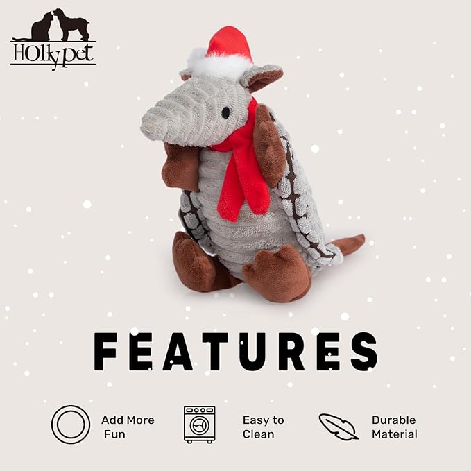 Hollypet Plush Dog Squeaky Toy Stuffed Armadillo Animal Pet Puppy Chew Toys with Clean Teeth for Small Medium Large All Breed Sizes Dogs, Christmas Gray, 8 in