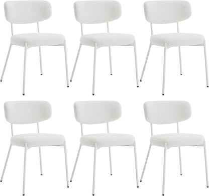 KCC Boucle Dining Chairs Set of 6, Modern Mid-Century Upholstered Stylish Kitchen Chairs Sherpa Accent Diner Chairs with Metal Legs and Curved Back for Kitchen, Dining Room(White)