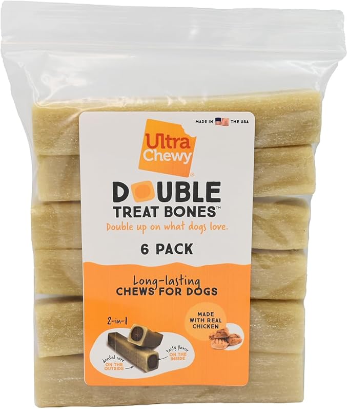 Ultra Chewy Chicken Double Treat Bones: Long-Lasting Dog Treats Made in USA for Large and Small Breeds, Highly Digestible, Ideal for Aggressive Chewers (6 Count)