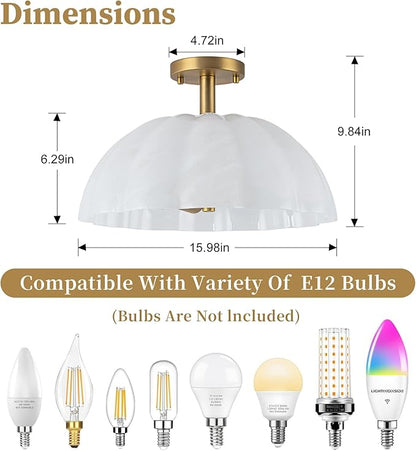 Mid-Century Modern Brushed Gold Semi Flush Mount Ceiling Light,2-Light Pumpkin Design Ceiling Light Fixture with Milky Cloudy Glass Shade,for Living Room,Dining Room,Bedroom,Entryway(15.98 inch)