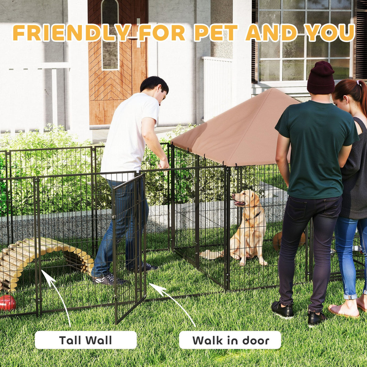 Large Outdoor Dog Kennel with 2 Rooms, Rotating & Adjustable Height Bowls, Waterproof & UV-Resistant Canopy