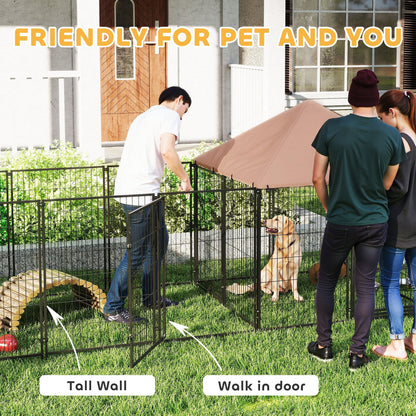 Large Outdoor Dog Kennel with 2 Rooms, Rotating & Adjustable Height Bowls, Waterproof & UV-Resistant Canopy