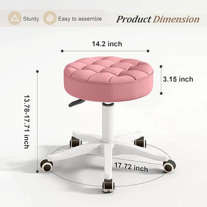 JPBSTO Small Rolling Stool with Wheels, PU Leather Height Adjustable Vanity Work Task Stool, 360 Swivel, Padded Seat Cushion, for Salon, Home, Office