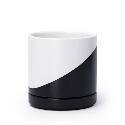 D'vine Dev 6.5 Inch Ceramic Planter Pot, Black White Diagonal, 94-O-C-K | Modern Cylinder Design, Drainage Hole & Saucer Included, Stable Structure, Elegant Home Accent
