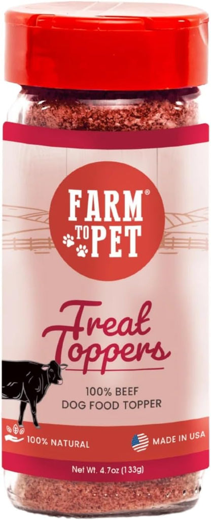 Farm To Pet - Dog Food Topper - 4.7 oz Beef Meal Toppers for Dogs, Single Ingredient, Lean, All Natural, Healthy Food for Small, Medium, Large Breeds, & Puppies - Made in USA