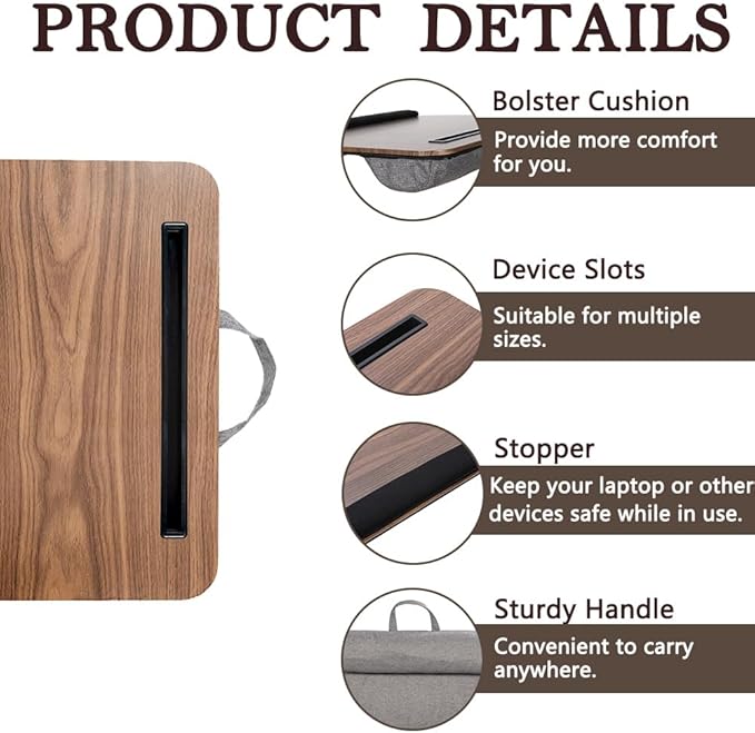 Portable Laptop Desk Fits Up to 16“ Laptops, with Tablet Slot, Built-in Cushion, Great for Home & Office,Lap Desk with Cushion (Brown with Wrist Rest, Medium)