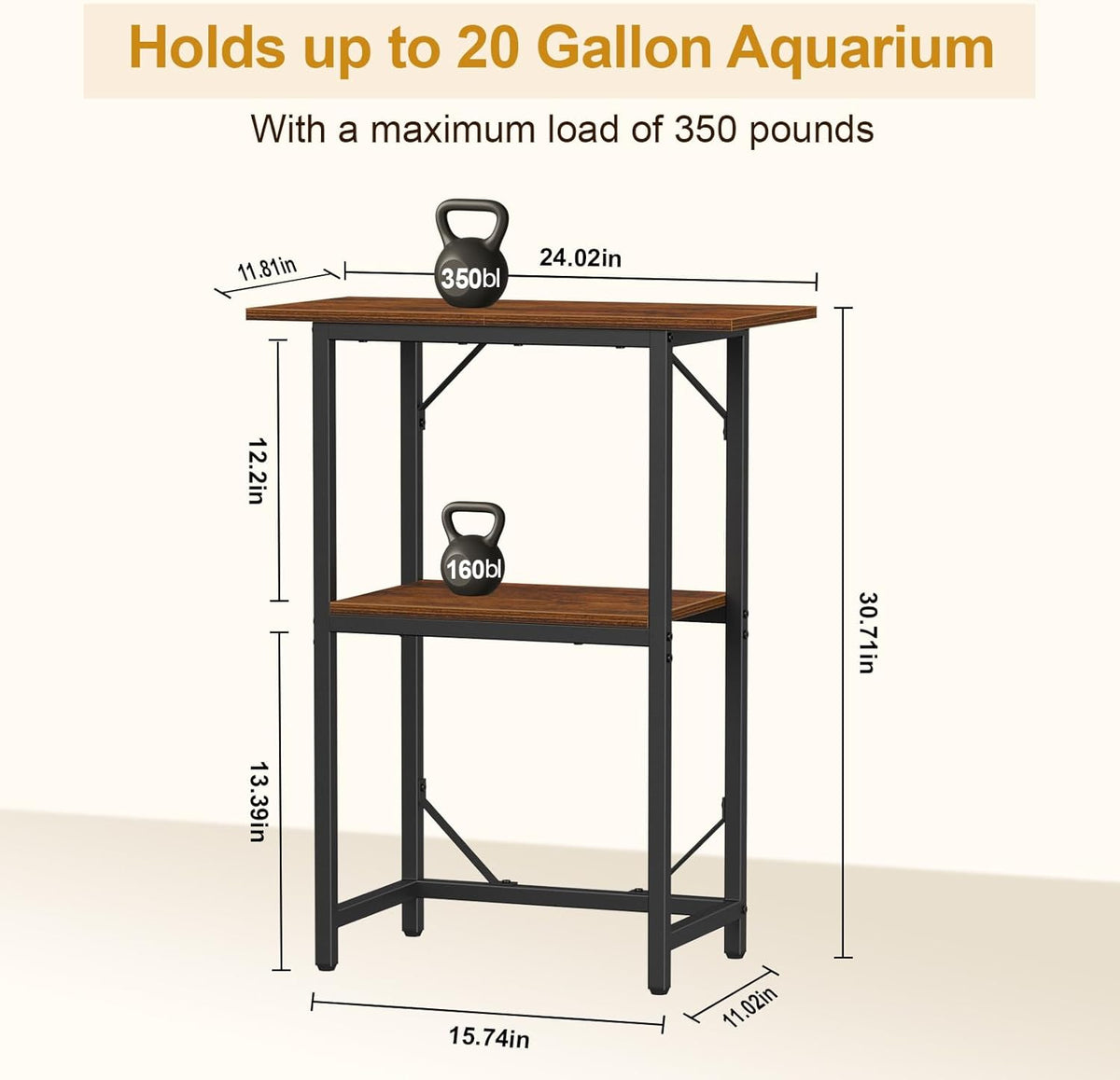 Snughome 10-20 Gallon Fish Tank Stand, Aquarium Stand 2-Tier Storage Shelves, Heavy Duty Terrarium Stand for Home Office Fish Tank Shelf, 24" L x 11.8" W x 30.7" H, Rustic Brown