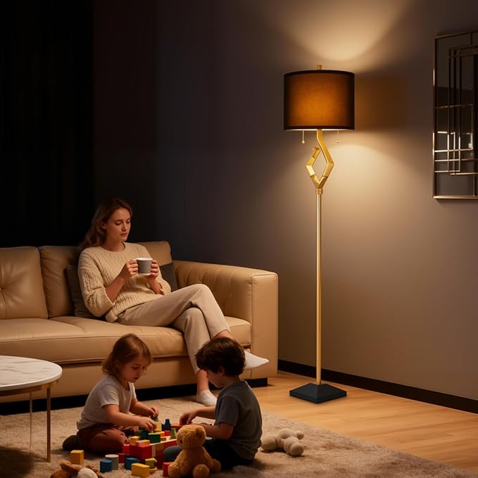 Sculptural Floor Lamp for Living Room Bedroom, 64.5” Pull Chains Standing Lamp, Gold Leaf Finish & Black Faux Silk Lamp Shade, Lighting Brightness Adjustable Lamp with Bulb Prefer for Home Decor