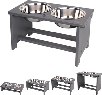 HTB Elevated Dog Bowl Stand with 2 Stainless Steel Bowls-10 H Large Grey | Raised Dog Bowl Stand, 10"tall, 48 Oz Bowls, for Large Sized Dogs, Pet-safe, Solid Bamboo