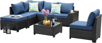 SunloungeCo 7 Pieces Outdoor Patio Furniture Set, Wicker Conversation Sets with Tea Table, Rattan Patio Sofa with Thick Cushions for Garden, Backyard Porch, Poolside,Navy