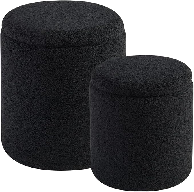 Round Ottoman with Storage Set of 2-Upholstered Sherpa Vanity Stool for MakeupMultifunctional Ottomans Coffee Table Padded Seat Foot Rest for LivingRoom&Bedroom(Sherpa, Black)