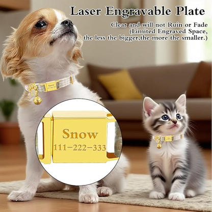 Personalized Breakaway Cat Collars - Magnetic Buckle, Bell - Safety Quick Release, Customized for Girls & Boys Cats- (Houndstooth-Khaki)