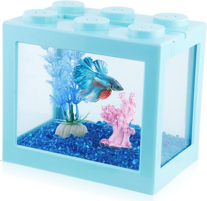 Small Betta Fish Tank, Stackable Mini Fish Tank Aquarium Tank Kit, 3/5 Gallon Rectangular Fish Bowl with Aquarium Gravel Decoration, Tiny Cube Tank for Seaweed Balls Sea Monkeys
