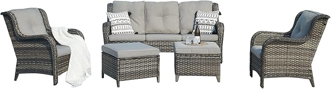 Rilyson Outdoor Patio Wicker Furniture Set - 5 Piece Rattan Patio Conversation Sectional Sofa Set with 1 Couch,2 Armchairs,2 Ottomans for Porch Deck Garden(Mixed Grey/Grey)