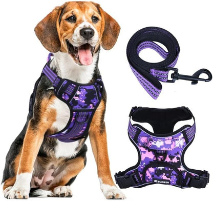 No Pull Dog Harness for Large Dogs, Adjustable No Choke Pet Vest with Dog Leash Fit Smart Reflective Pet Walking Harness for Training Easy Control Soft Handle Purple Camo L