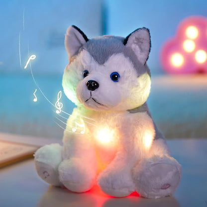 Houwsbaby 12'' Gray Light Up Musical Stuffed Animal Husky Singing LED Dog Glowing Plush Toy Lullaby Animated Soothe Birthday Festival Present for Kids Toddler Girls