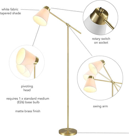 69" Floor Lamp, Swing Arm, Matte Brass Plated, White Tapered Fabric Shade, On/Off Rotary Switch on Socket, 5-Foot Clear Cord, 1-Light, 40W E26/Medium Base Bulb