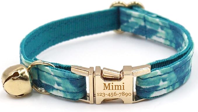 Personalized Cat Collar with Bells,Velvet Customized Small Cat Collar with Name Tag,Pet Collar with Name Phone Number Engraved ID Tags for Boy and Girl Kitten Cats (Green Water Wave)