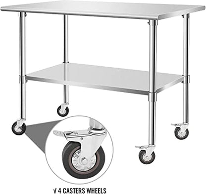 Stainless Steel Table - Metal Table Cart - Commercial Workbench with Caster Wheel - NSF Certified - for Restaurant, Warehouse, Home, Kitchen, Garage,48''x30''