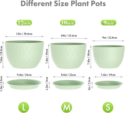 Meowell Large Flower Pots 12/10/9 inch, 3 Set Wide Plant Pots for Outdoor Indoor Plants with Water Ripples, Big Plastic Planters with Drainage Holes and Saucers for Garden House Plants, Green