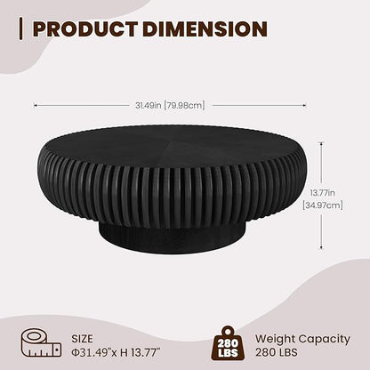 Round Drum Coffee Table for Living Room, Mid Century Modern Coffee Table with Sturdy Pedestal, Farmhouse Fluted Circle Center Table Accent Tea Table for Apartment (31.5" Black)