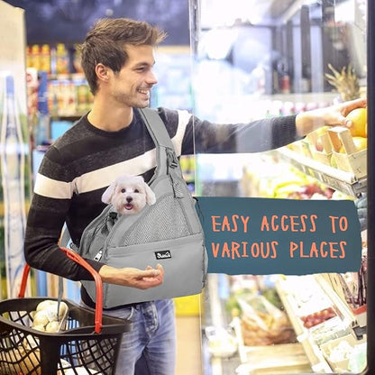 SlowTon Dog Sling Carrier, Hands Free Hard Bottom for Small Dogs up to 6 lb | Breathable Mesh Support, Adjustable Padded Strap, with Pocket Safety Belt, Machine Washable, for Small Animal Puppy, Grey