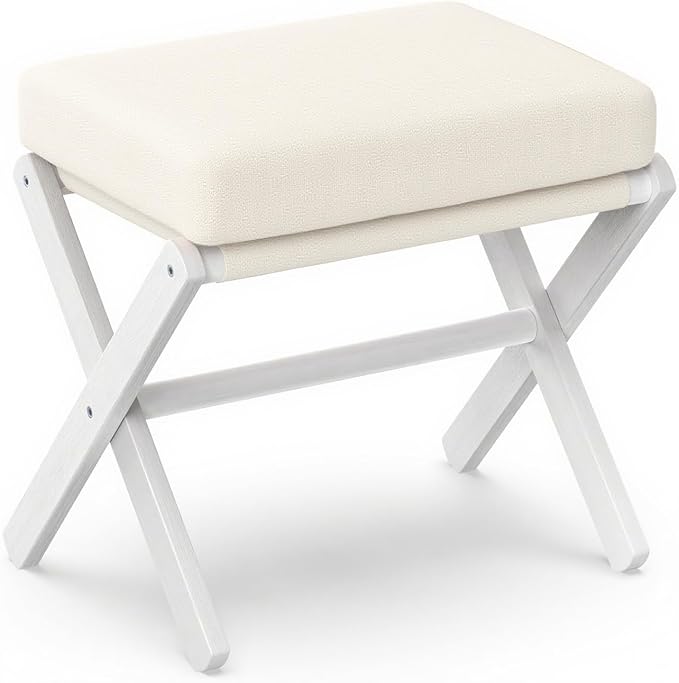 Foldable Foot Stool Ottoman, Modern Foot Rest with Bamboo X Legs & Thick Foam Cushion, Folding Foot Stools Small Padded for Bedroom Living Room, Footstool for Chair Couch (White - White)