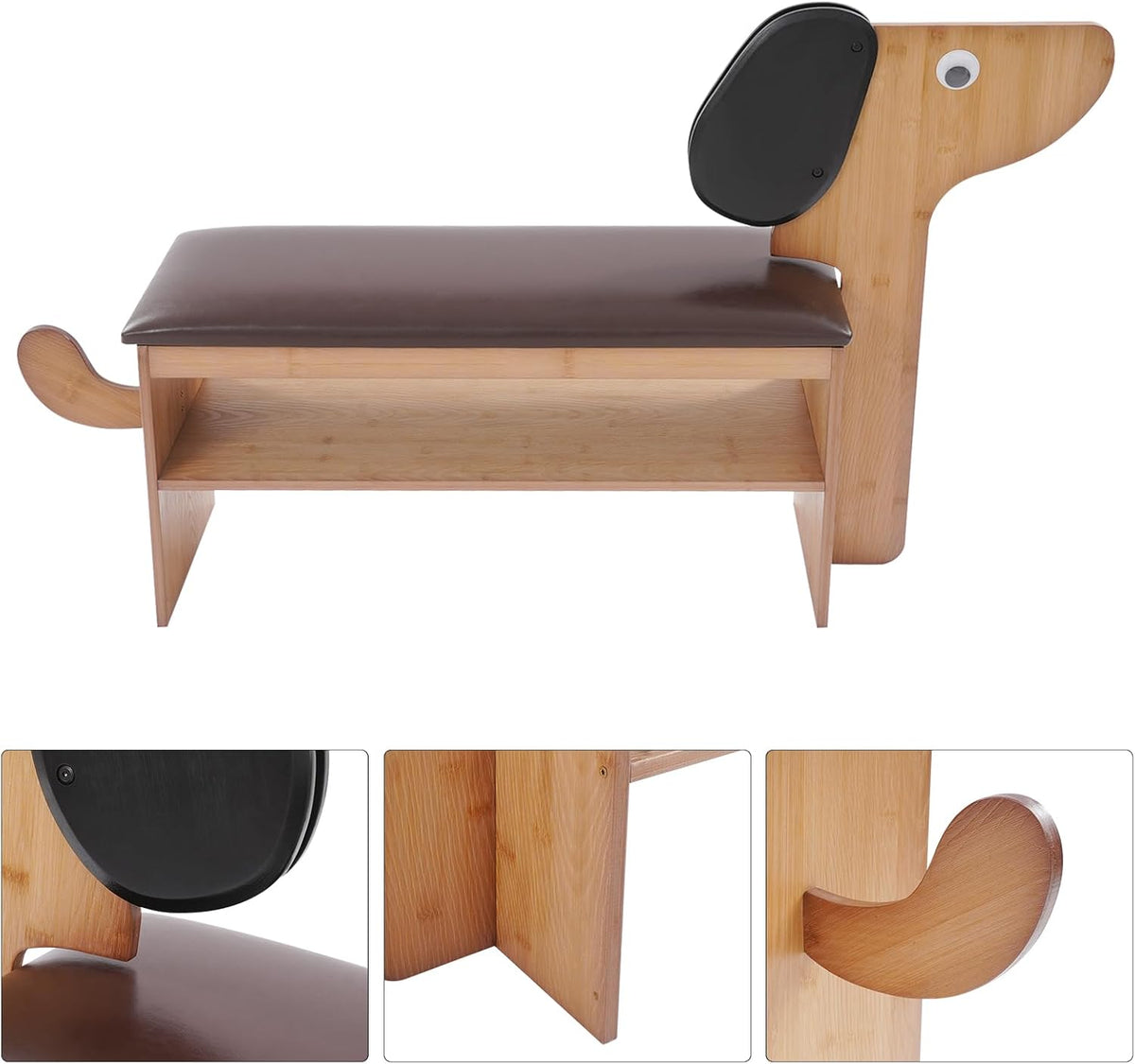 Cute Dog Shoe Bench with Cushion, 51.6”L x 11.8”W Puppy Shoe Storage Bench Dark Brown 2-Tire Bamboo Shoes Rack Bench for Entryway Living Room Hallway Bedroom 220Lbs Load Capacity