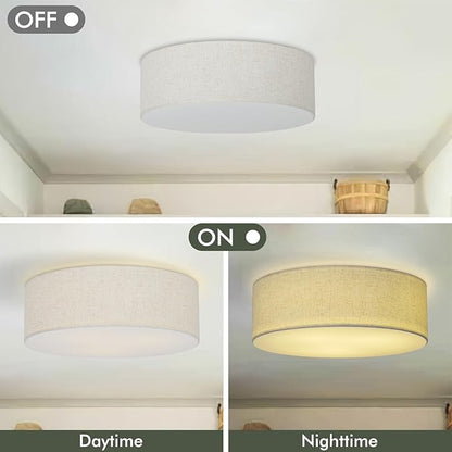 Flush Mount Ceiling Light,16''Modern Close to Ceiling Lamp with Double Linen Fabric Shade,3 Light Semi Flush Mount Ceiling Light Fixture,Farmhouse Drum Light Fixture for Bedroom Living Room