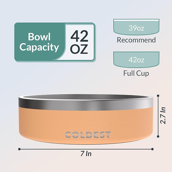 Coldest Dog Bowl - Anti Rust Metal, Non Slip, 3 Layers Insulated Stainless Steel Dog Bowls - Spill Proof & Heavy Duty - Water Bowl for Dogs, Cats & Pets, Dish Washer Safe (42 oz, Sahara Peach)